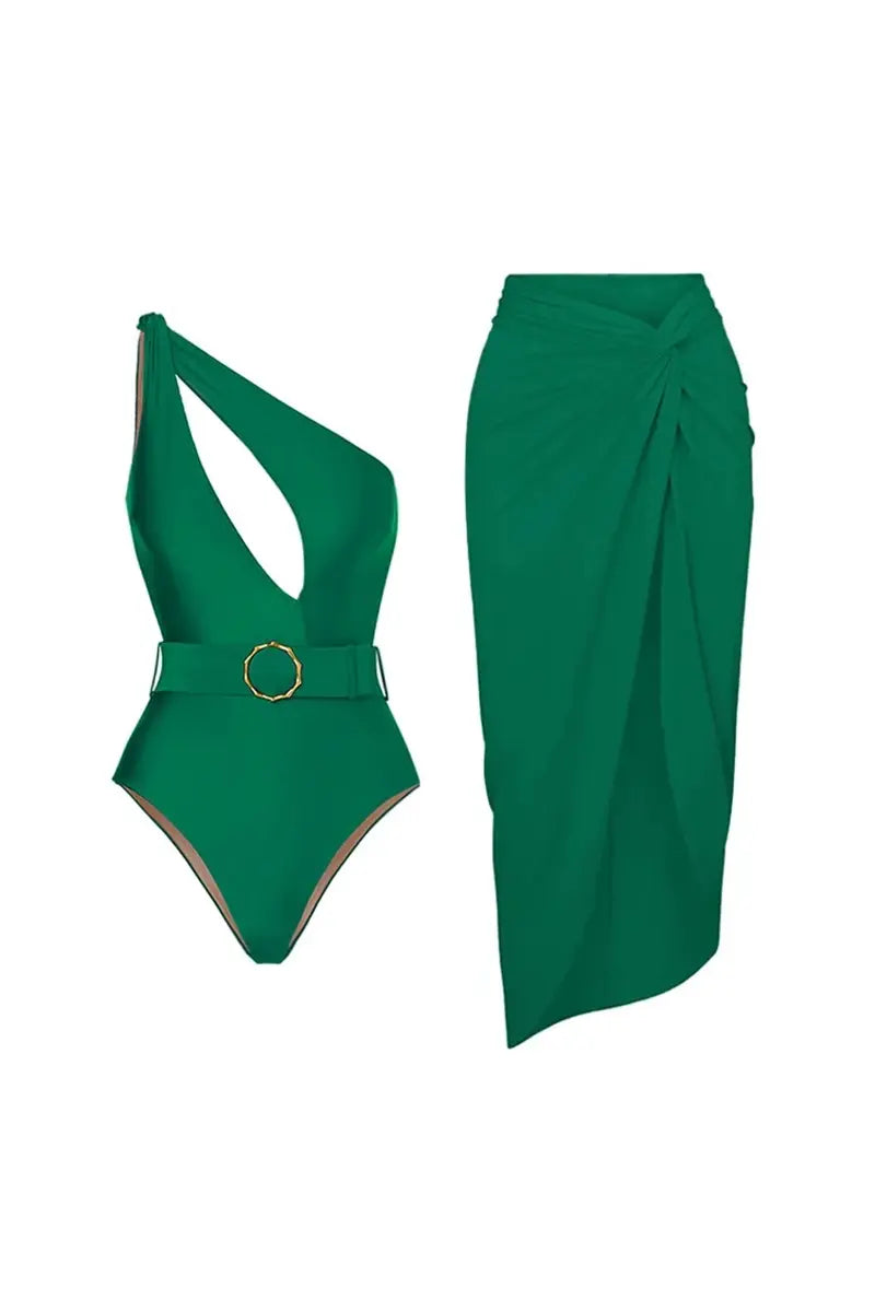 Elegante conjunto de traje de baño verde sin espalda