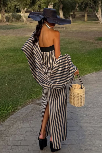 Berry Satin-Striped Detachable Balloon Sleeve Jacket Strapless Maxi Dress