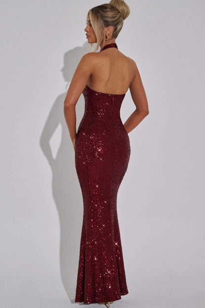 Rhinestone Halter Sleeveless Ruched Party Dress