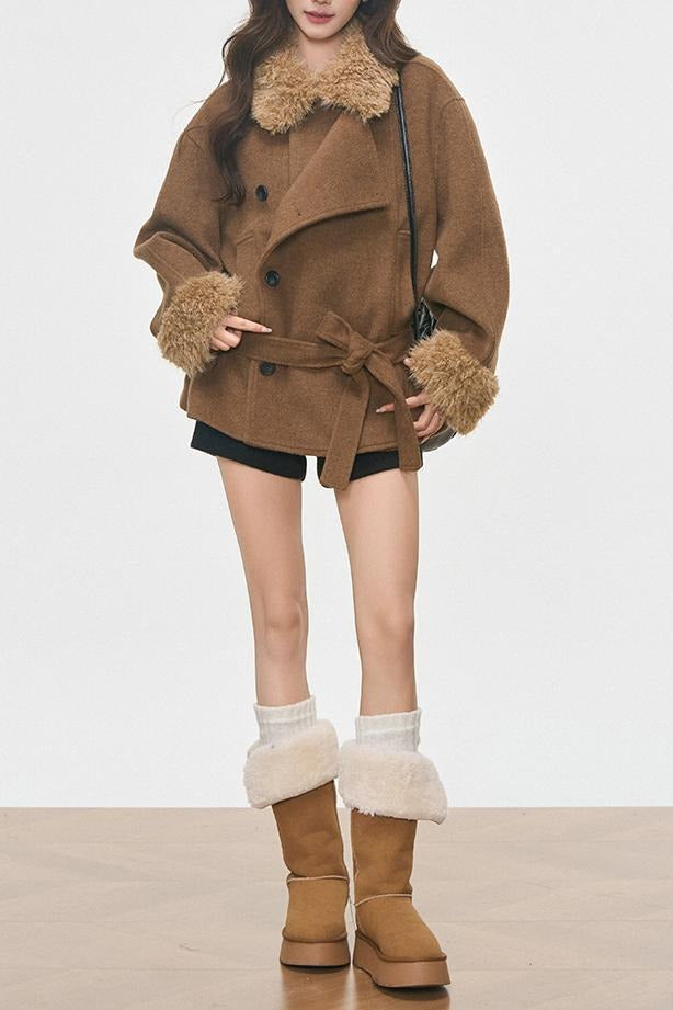 Vintage Fur Collar Fur Cuffs Short Woolen Coat
