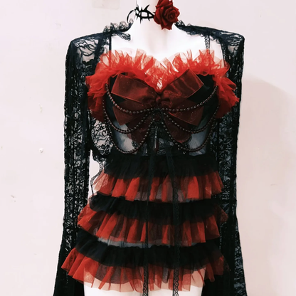 Long sleeve lace ruffle beaded cami mini dress  | Festival Outfits Women