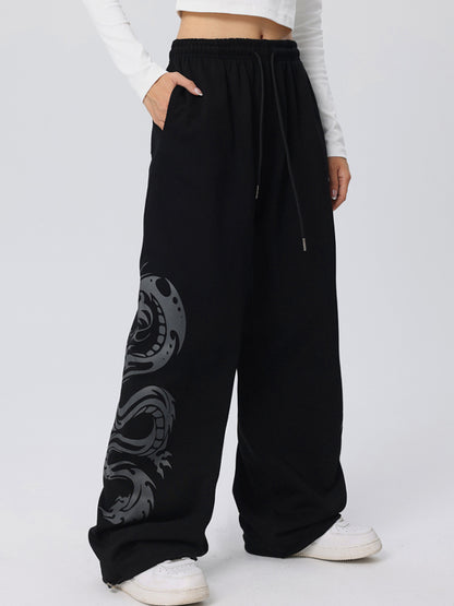 Vintage Dragon Print Loose Sweatpants