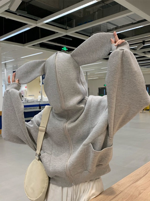 Anti Pilling Bunny Ears Zip-Up Cropped Hoodie