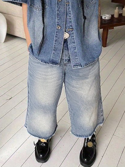 Washed Raw Edge Baggy Denim Shorts