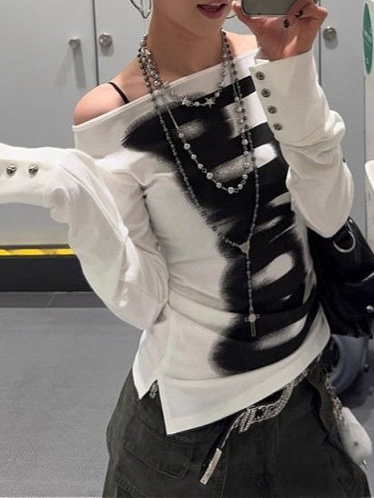 Virtual Print Off Shoulder Slim Fit Rivet T-shirt