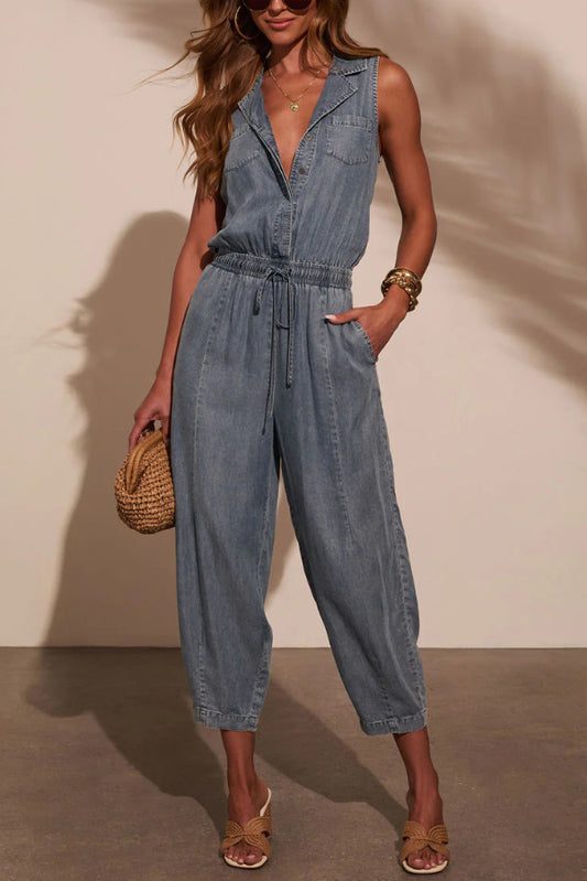 Stylish Collared Sleeveless Elastic Waist Tie Casual Pocket Denim Jumpsuit