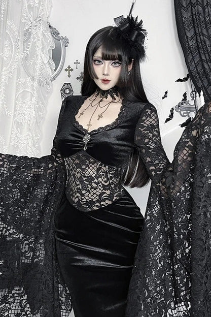 Dark Gothic Lace Fitted Flared-sleeve Hollow-out Maxi Dress