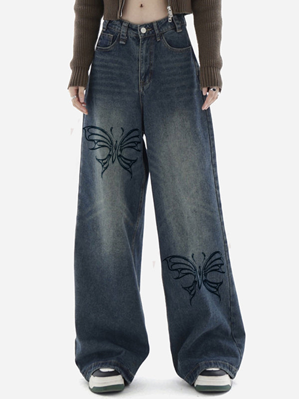 Butterfly Print Blue Wash Baggy Boyfriend Jeans