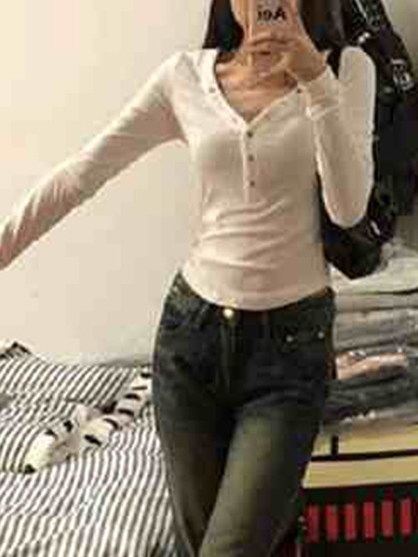 Solid V Neck Snap Button Slim Long Sleeve Knit