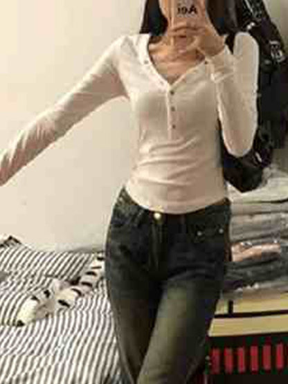 Solid V Neck Snap Button Slim Long Sleeve Knit