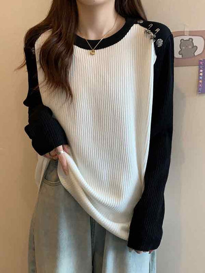 Contrast Color Splice Metal Decor Long Sleeve Knit