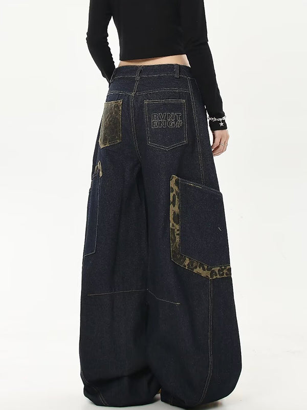 American Retro Leopard Print Stitching Boyfriend Jeans