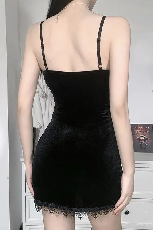 Black Cross Spaghetti Strap High Waist Slit Mini Dress