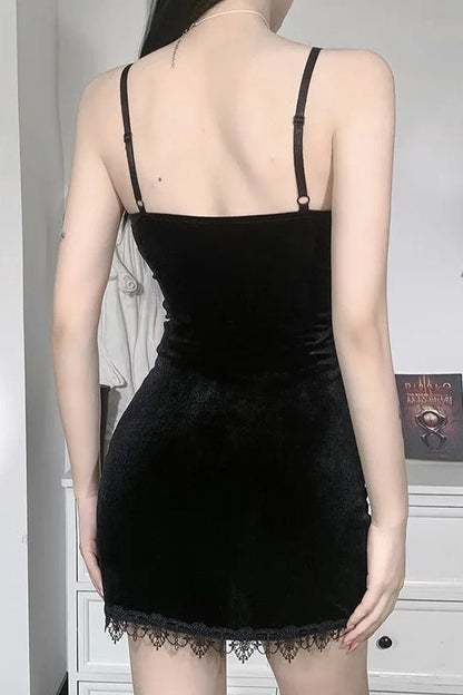 Black Cross Spaghetti Strap High Waist Slit Mini Dress