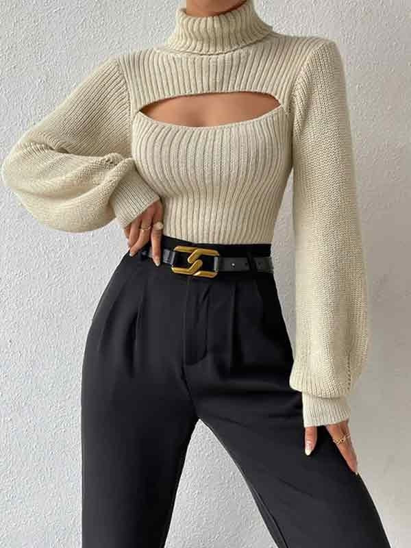 Solid Cutout High Neck Sweater