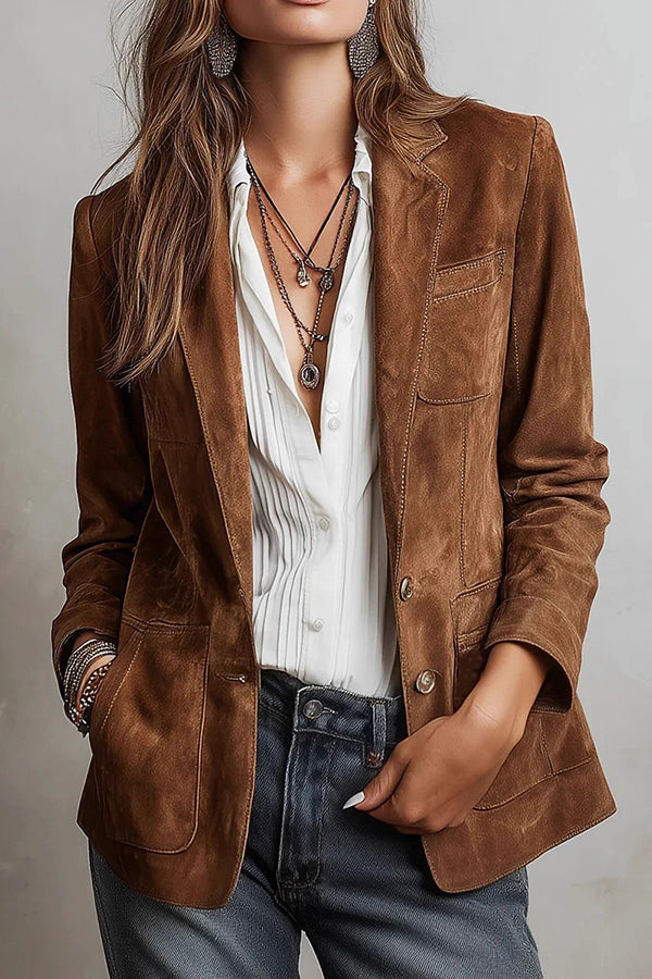 Stylish Suede Lapel Long-sleeved Casual Button-down Jacket