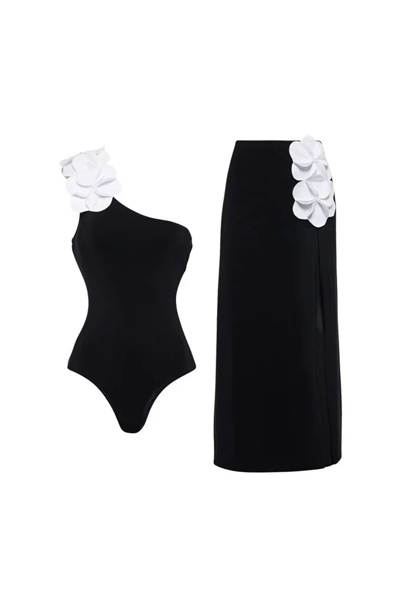3D Floral One-Shoulder Black Swimsuit