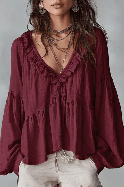Solid Color V-neck Ruffled Puff Sleeve Loose Casual Top