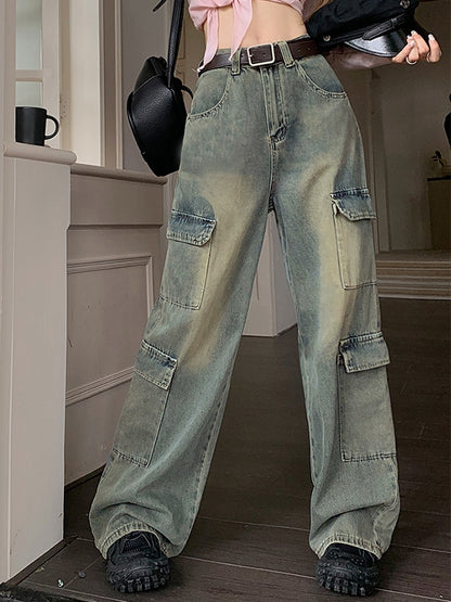 High Waist Multi Pocket Mopping Cargo Jeans