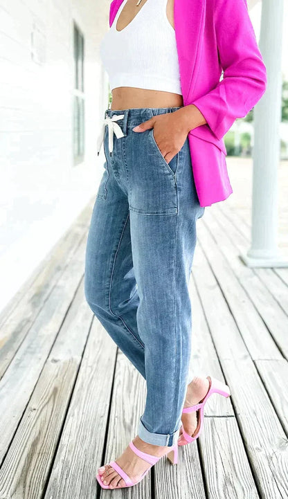 Pantalones deportivos vaqueros elásticos de cintura alta con cordón para mujer | Ideales para cualquier temporada