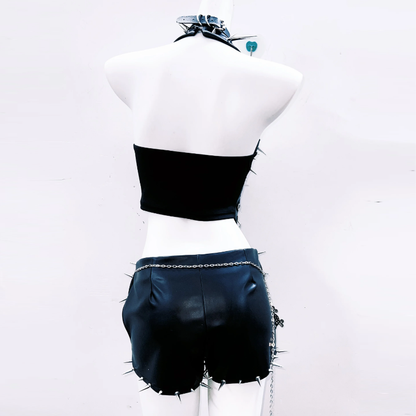 Halter hollow out rivet PU leather cut out top  | Festival Outfits Women