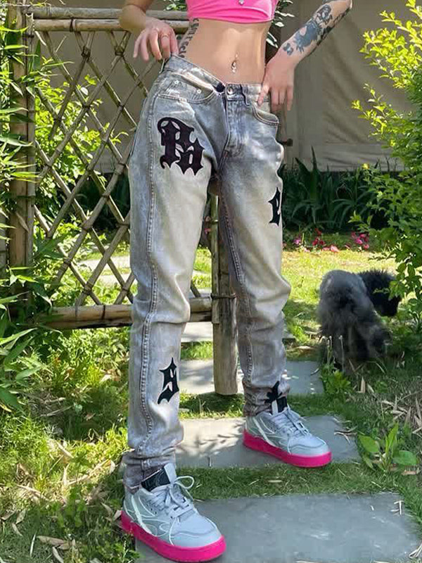 Distressed Patch Decor Slim Jeans