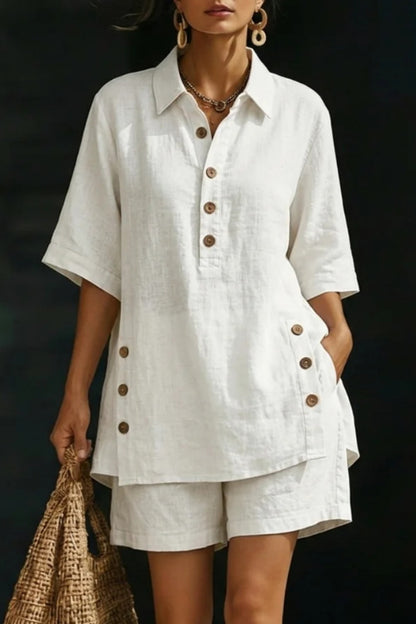 Solid Color Collared Short-sleeved Button-down Loose Top and Elastic Waist Pocket Shorts Set