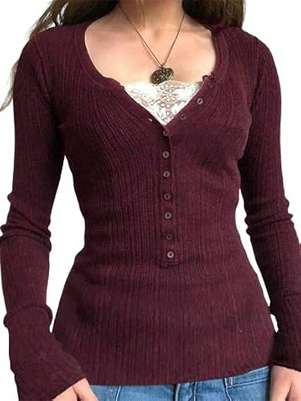 Lace Paneled Button Long Sleeve Knit Top