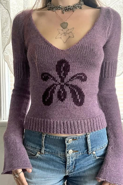 V Neck Floral Jacquard Sweater