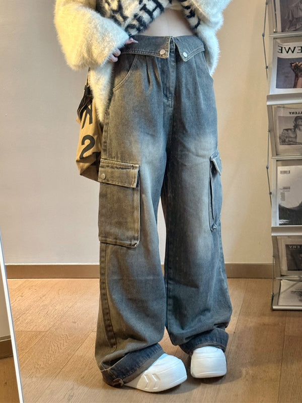 Big Pocket Turned Waist Cargo Jeans