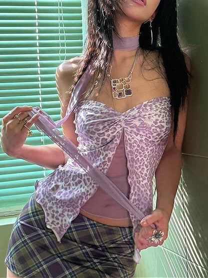 Y2K Purple Leopard Strapless Mesh Top