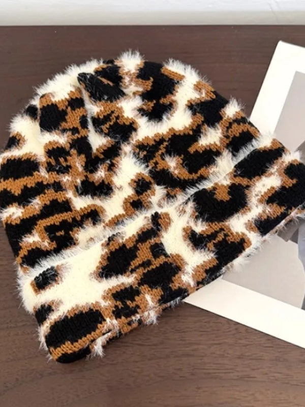 Y2K Leopard Print Plush Knitted Beanie Unisex Winter Travel Warm Versatile Hat