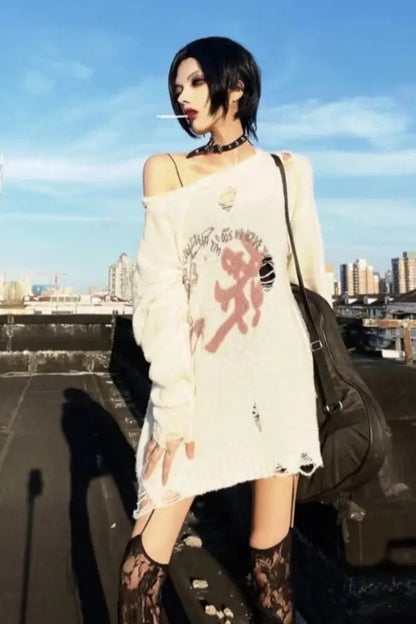 Y2K Punk Hollow Out Ripped Thin Knit Sweater