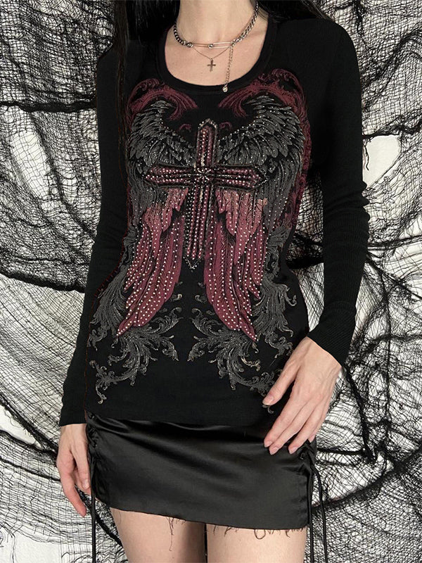 Wing Cross Rhinestone Print Long Sleeve Tee