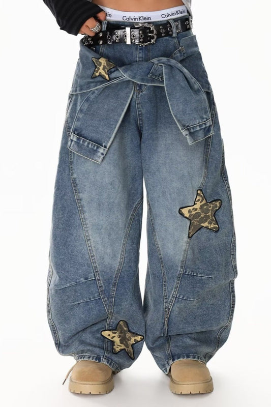 Leopard Print Patchwork Tie Loose Wide Leg Retro Jeans