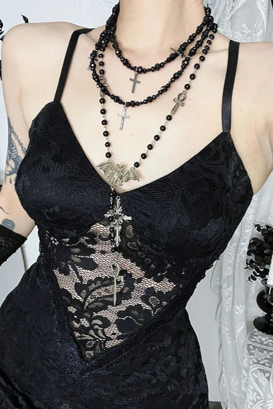 Gothic Vintage Lace Split See Through Maxi Dress