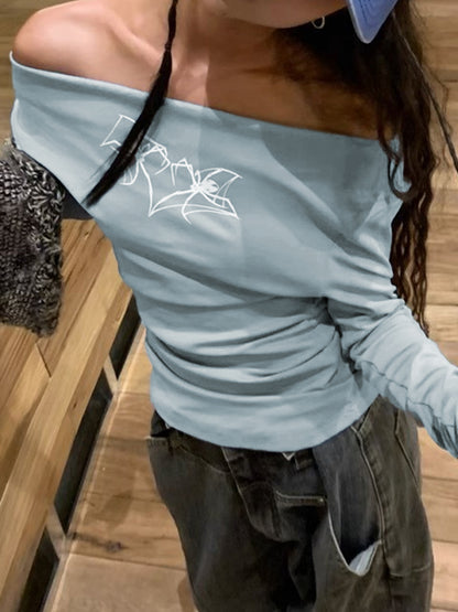 Spider Print Off Shoulder Long Sleeve Tee