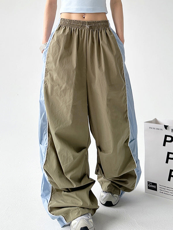 Contrast Color Panel Pleated Wide Leg Pants