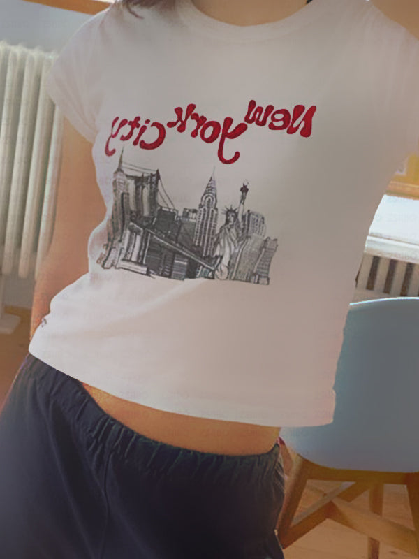 Vintage Print Cropped Short Sleeve Tee