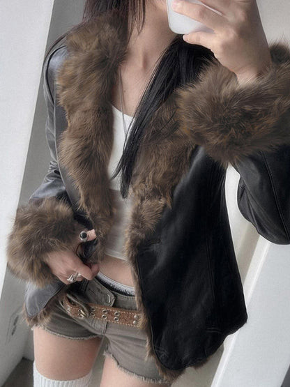 American Style Fur Collar Patchwork Leather Jacket