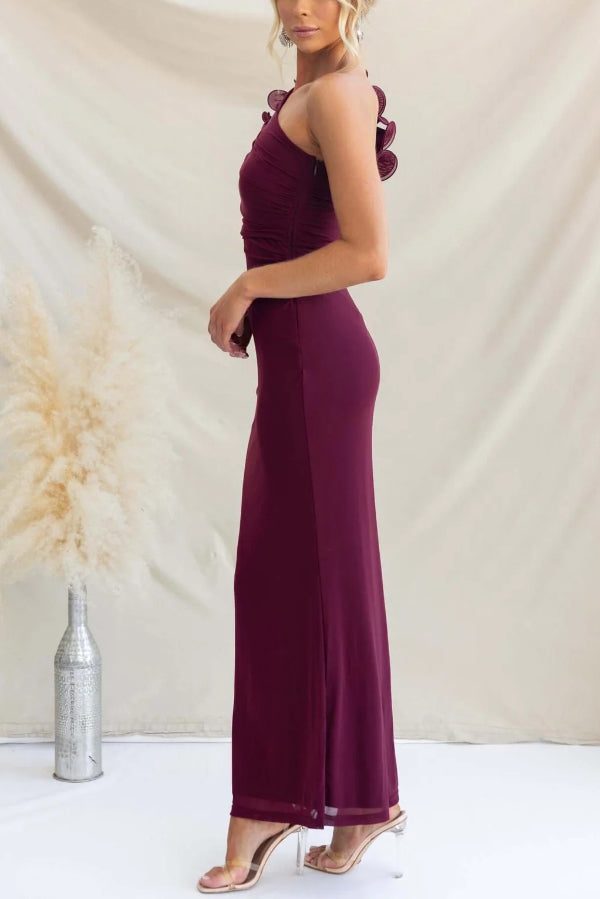 Fashionable Mesh Sleeveless One-shoulder Waist-revealing Maxi Dress