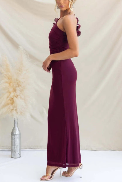 Fashionable Mesh Sleeveless One-shoulder Waist-revealing Maxi Dress