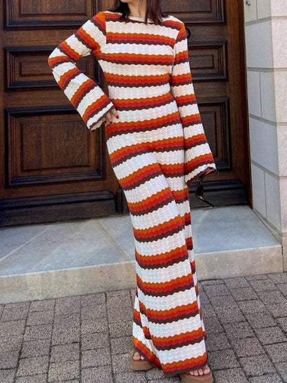 Striped Contrast Knitted Hollow Maxi Dress