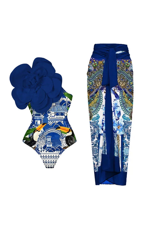Traje de baño azul con adornos florales en 3D