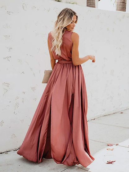 Blush Pink Wrap Maxi Dress for Women - Elegant V Neck High Slit Long Dress - Summer Beach Wedding Guest Wear 2026