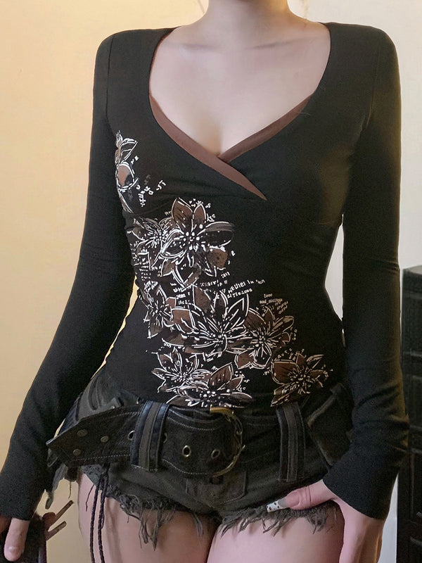 Retro-Style Plant Floral Slim-Fit Long Sleeve