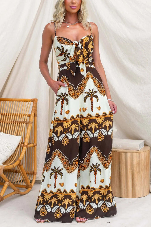Unique Print Casual Spaghetti Strap High Waist Resort Loose Wide Leg Jumpsuit
