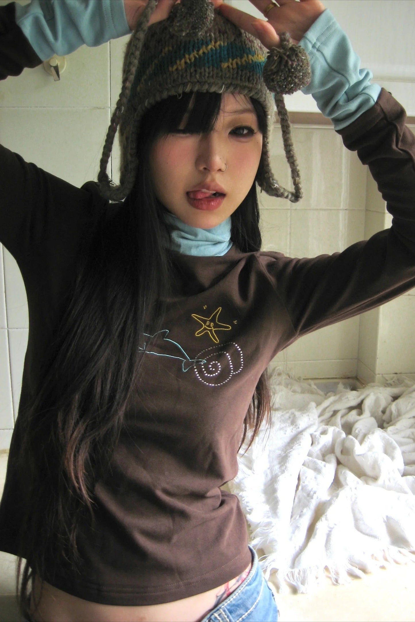 Y2k Grunge Patchwork Diamond Print Turtleneck Knit Top