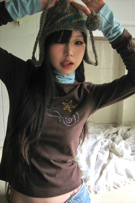 Y2k Grunge Patchwork Diamond Print Turtleneck Knit Top