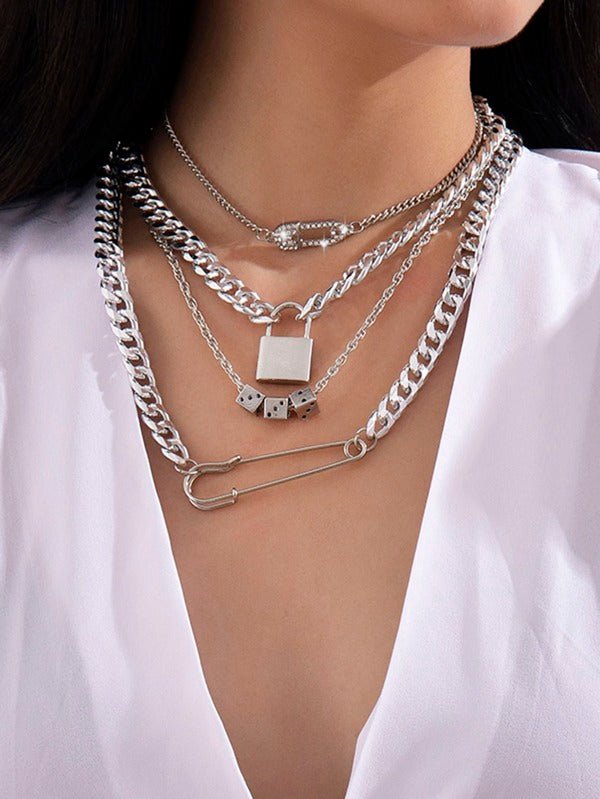 Lock, Key & Safety Pin Pendant Necklace Set